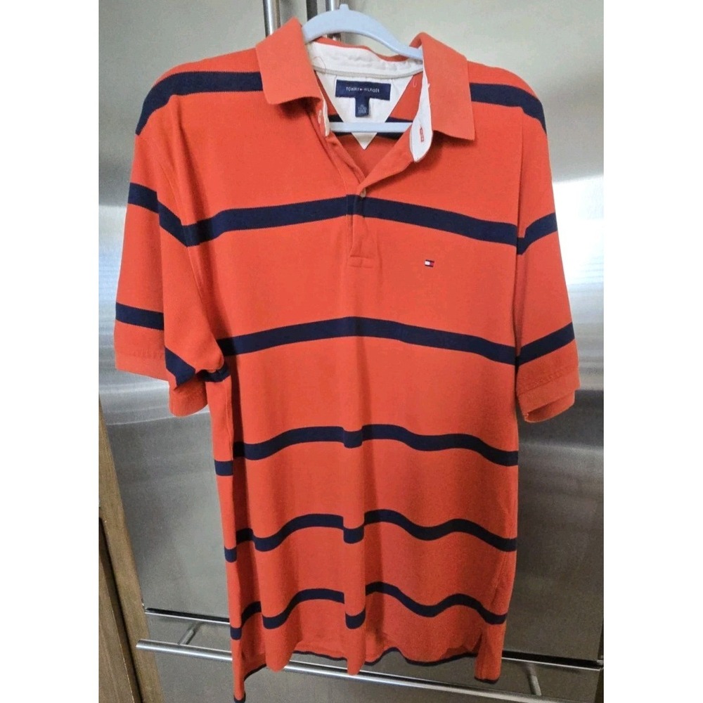Tommy Hilfiger Polo Men's Shirt Orange Bold Stripe Short Sleeve SZ XL PTP 46